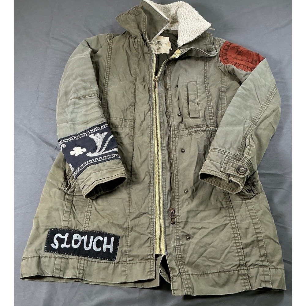 LOGG H&M Olive Green Utility Parka Custom Patchwork Sherpa Collar Jacket Size 2